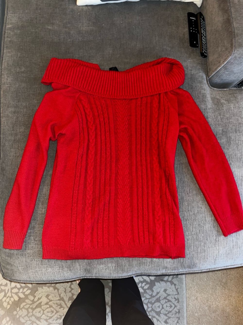 New York & Company Bright Red Off-Shoulder Cable-Knit Sweater